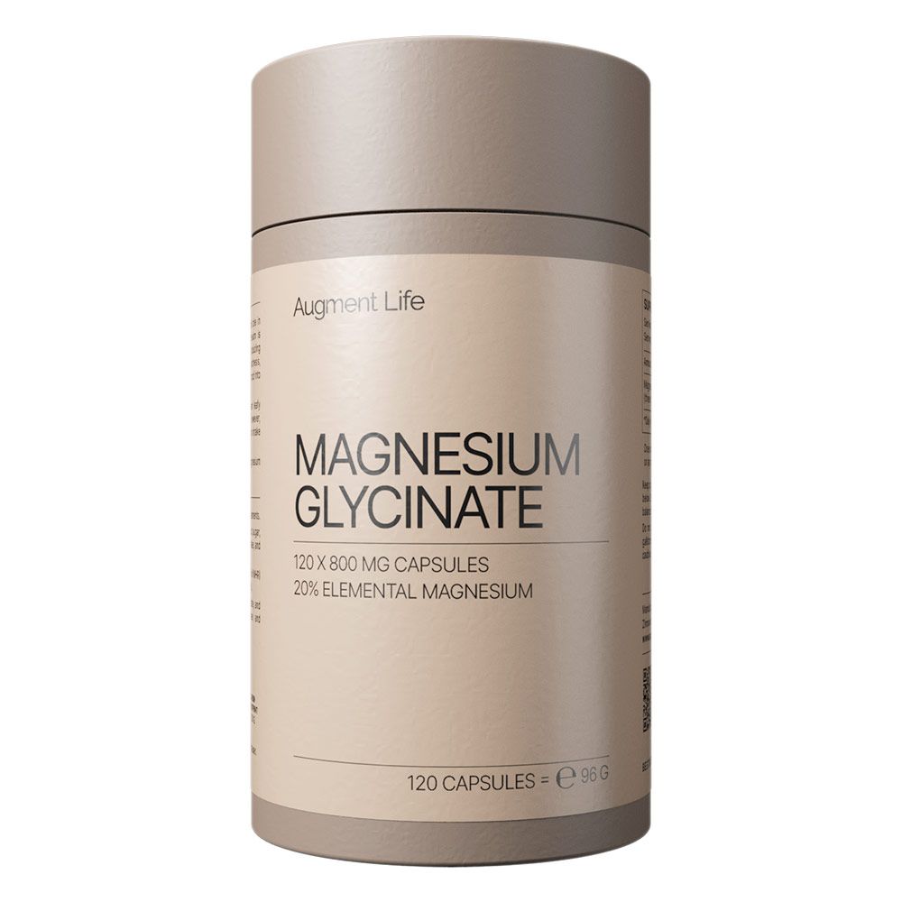 Beige pot met Magnesium Glycinaat capsules. Bevat 120 capsules van 800 mg.