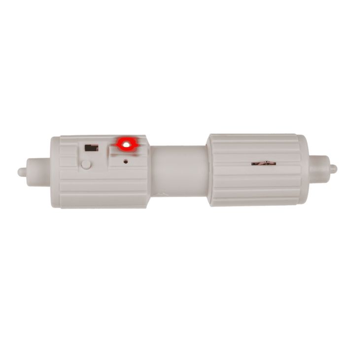 Support de papier toilette blanc avec LED rouge. Il a une forme cylindrique et une surface cannelée.