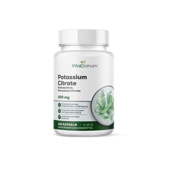 Witte fles VitaSanum Kaliumcitraat. Opschrift: 100 mg, 100 capsules, e 10 G. Groen-witte productafbeelding.
