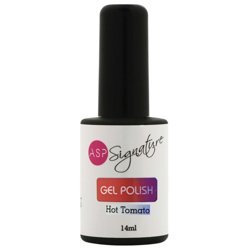Flacon de vernis à ongles avec bouchon noir. L'étiquette indique "ASP Signature Gel Polish Hot Tomato 14ml".