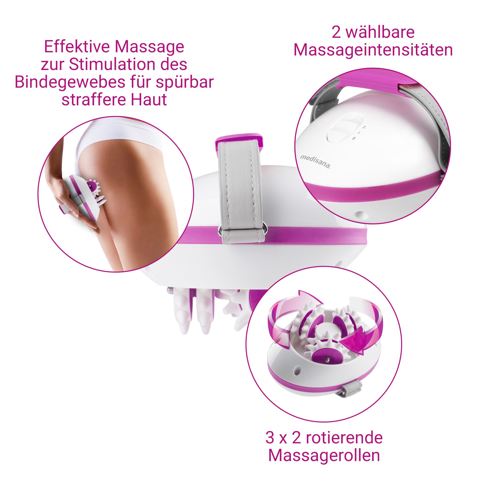 Medisana AC 850 : 3x2 rouleaux de massage rotatifs, 2 intensités, massage efficace du tissu conjonctif.
