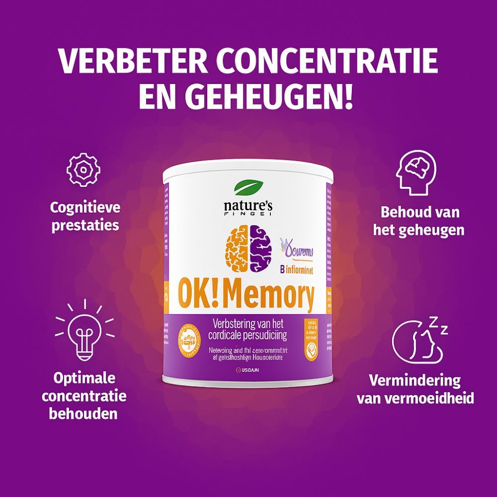 Nature's Finest OK!Memory-container op paarse achtergrond. Tekst: Verbeter concentratie en geheugen! Grafieken tonen cognitieve prestaties, geheugenbehoud.