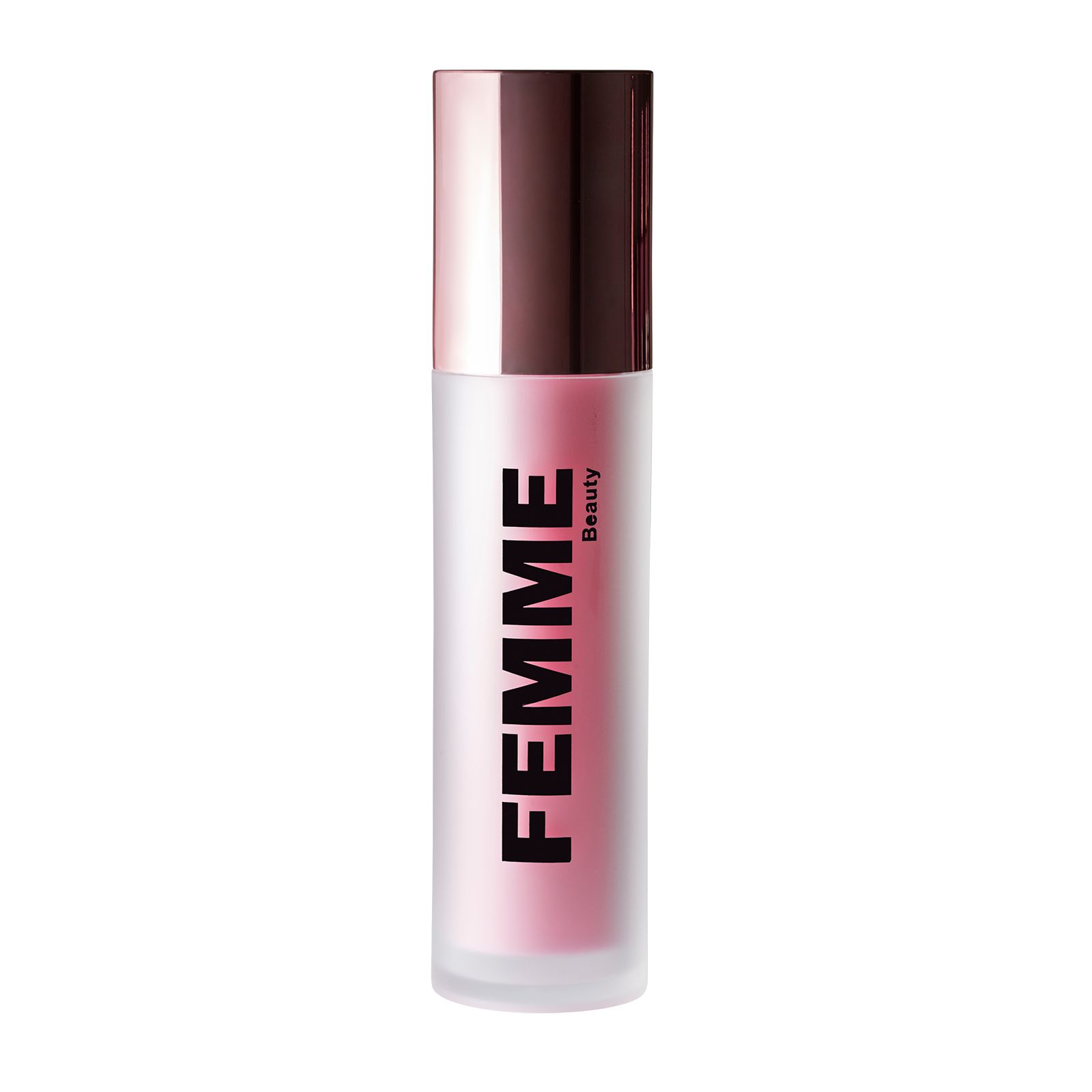 Fles met matte afwerking en roze inhoud, roségouden dop. Merk: FEMME Beauty.