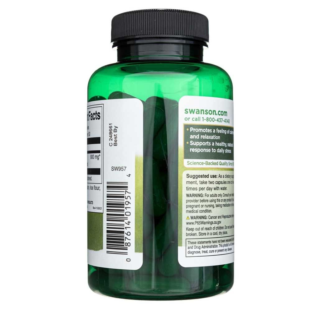 Vue latérale d'une bouteille verte de capsules d'Ashwagandha, montrant les détails de l'étiquette.