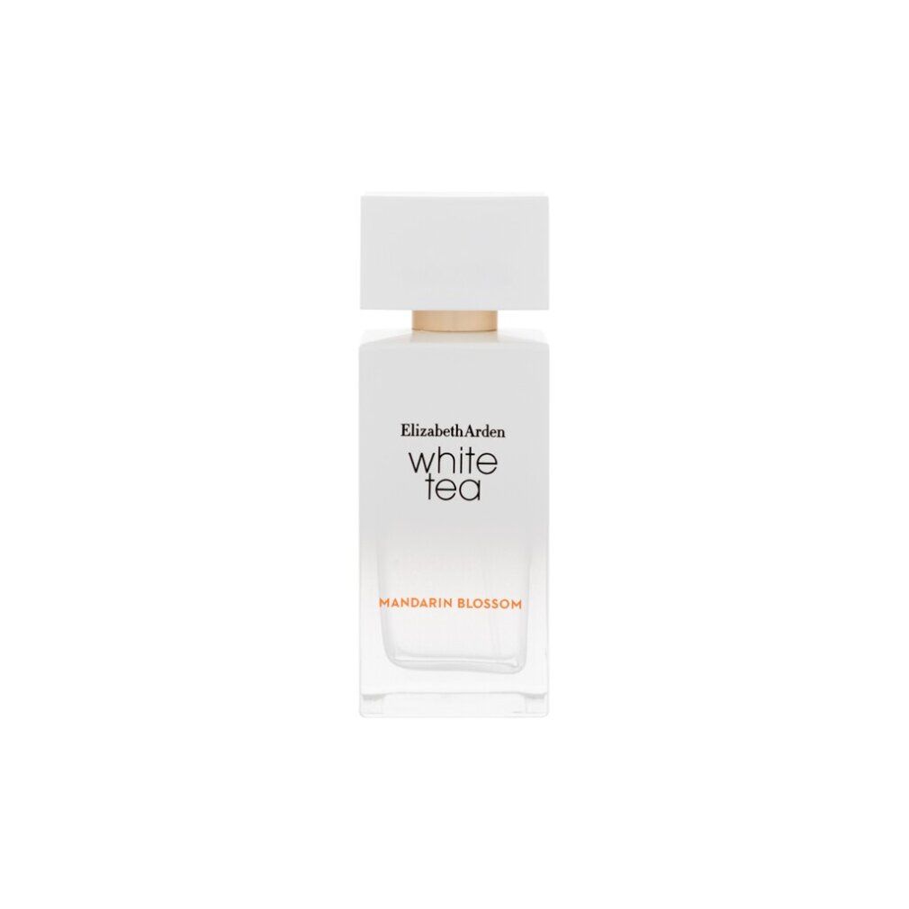 Witte parfumfles. Opschrift: Elizabeth Arden White Tea Mandarin Blossom. Vierkante dop, gouden hals.