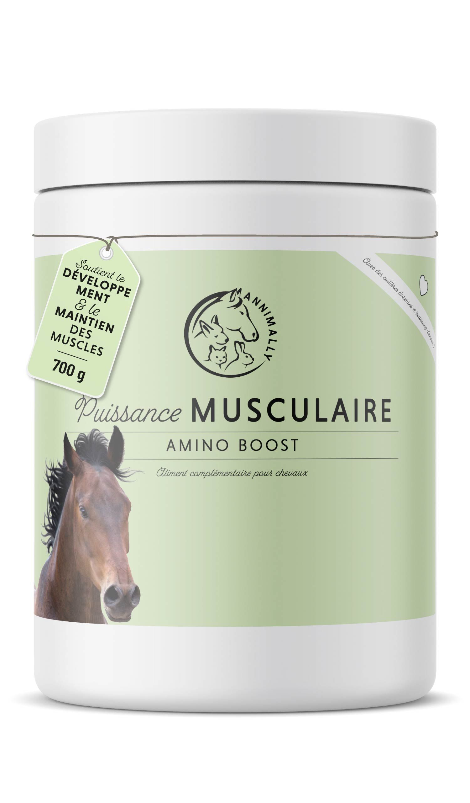Produit blanc avec texte Puissance Musculaire, 700g. Contient des acides aminés. Image de cheval.