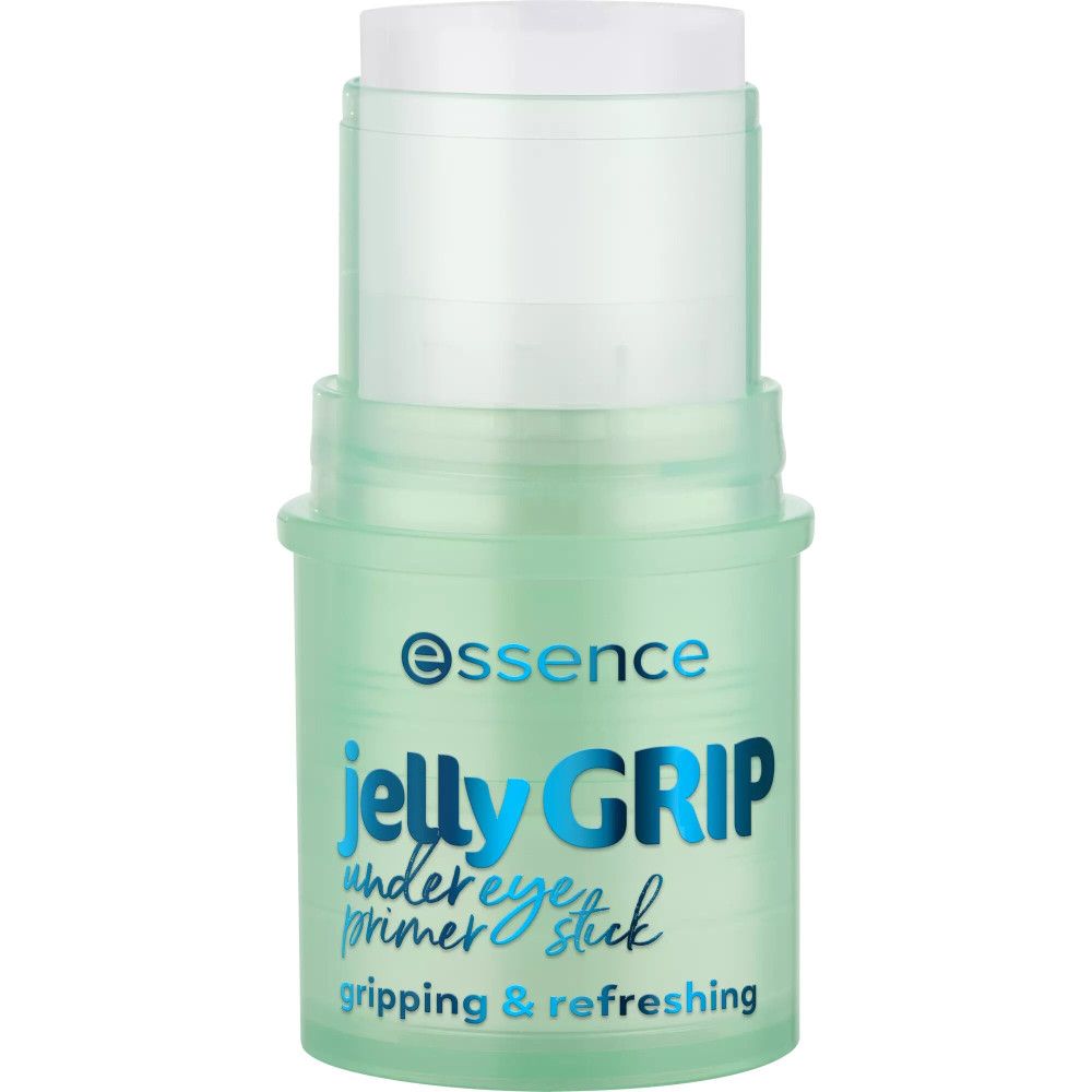 Groene primer stick met witte dop. Opschrift: essence jelly GRIP under eye primer stick gripping & refreshing.