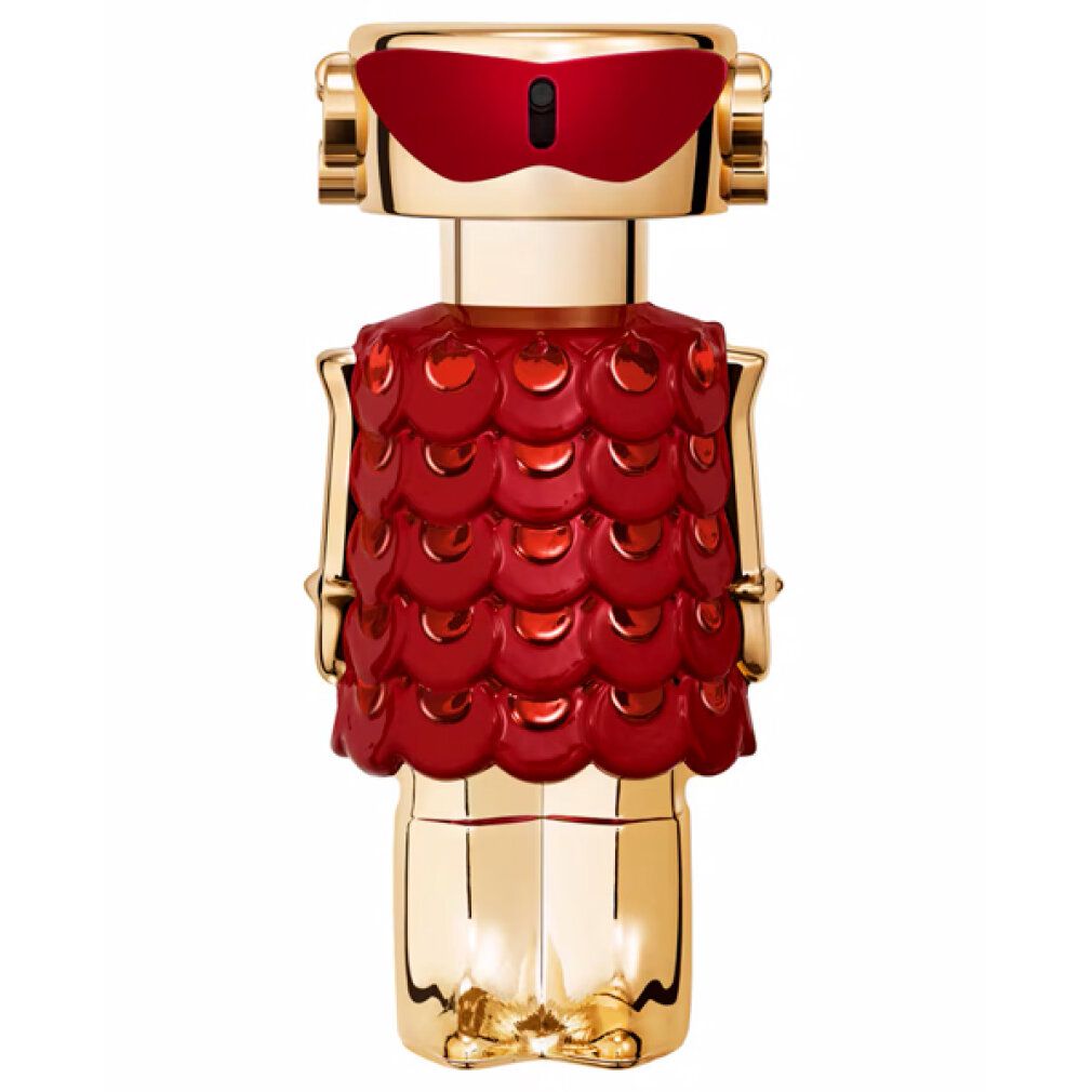 Flacon de parfum robot doré avec motif d'écailles rouges et lunettes de soleil.