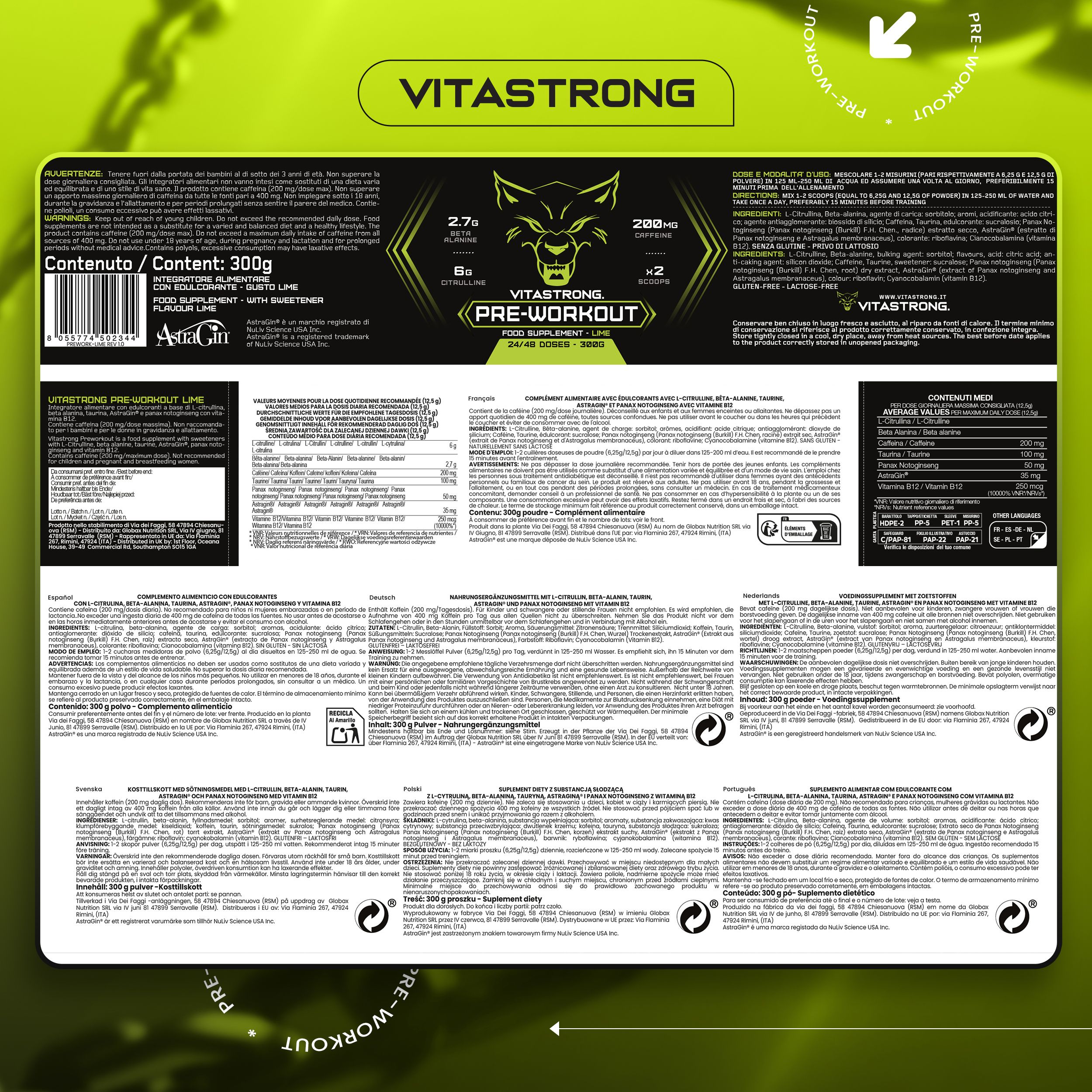 Achterkant van de Vitastrong Pre-Workout verpakking. Tekst en voedingswaarde. Bevat 300g. Limesmaak.