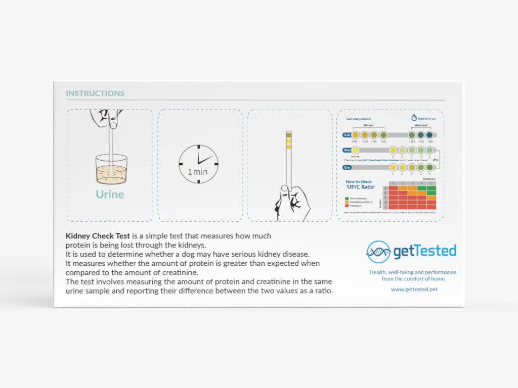Boîte avec illustrations et texte. Instructions pour un test rénal canin. Marque : GetTested.  