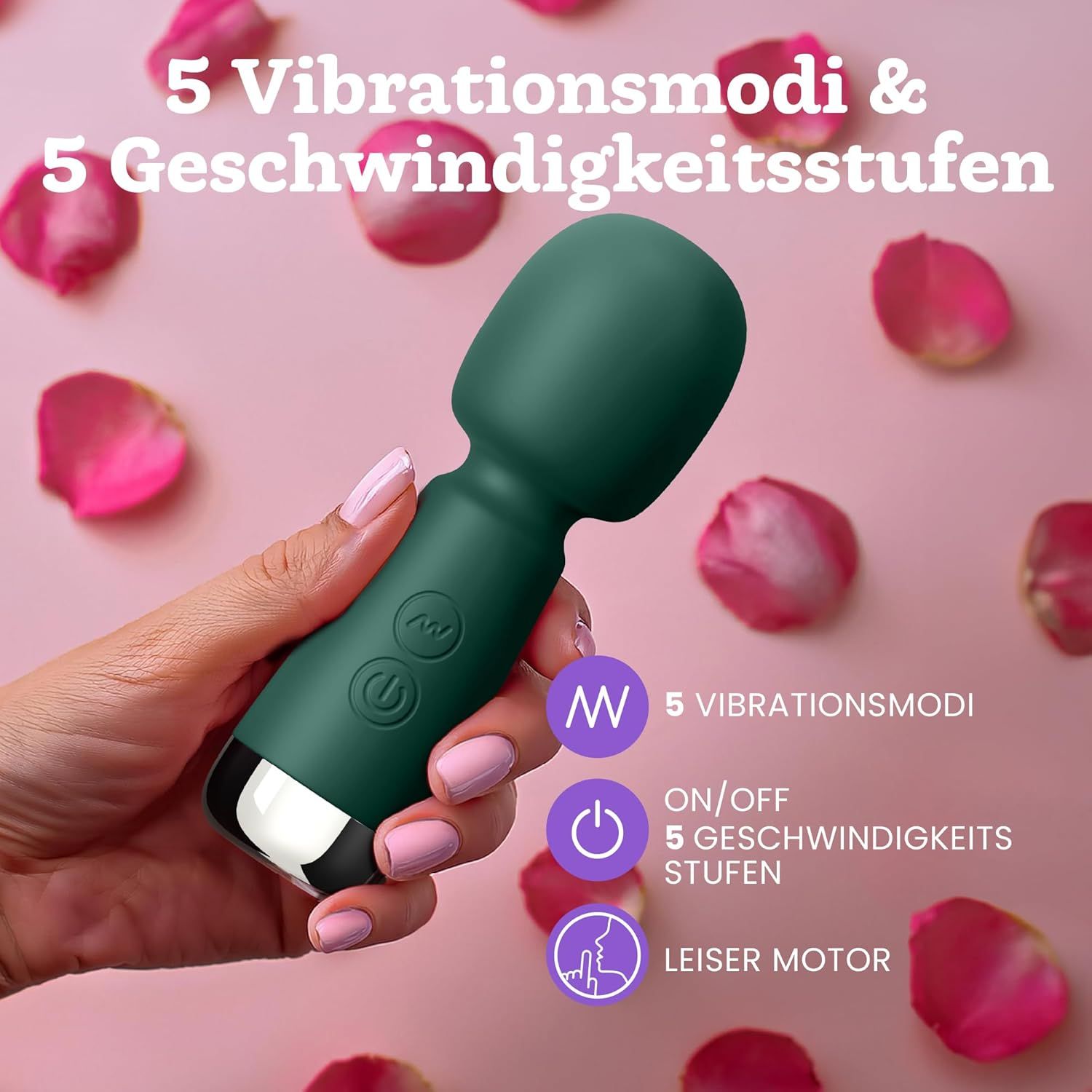 Mini vibrateur vert avec 5 modes de vibration et 5 niveaux de vitesse. Commandes marche/arrêt et mode.