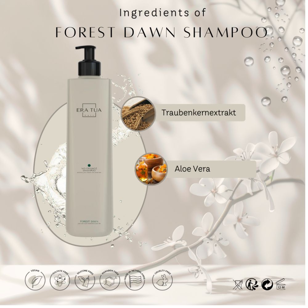 Flacon de shampooing beige avec pompe noire. Texte: Era Tua, Forest Dawn. Ingrédients: Extrait de pépins de raisin, Aloe Vera. Certifications.