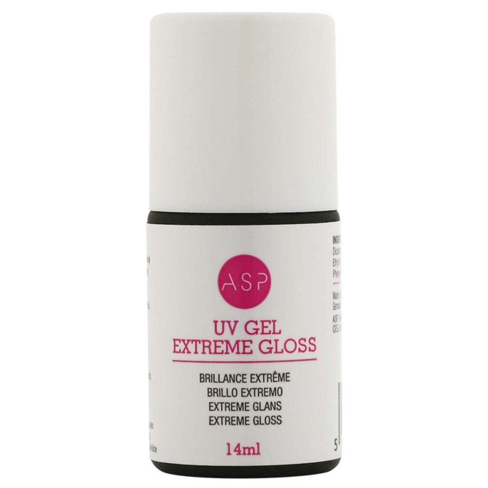Petite bouteille cylindrique avec bouchon blanc. Inscription: ASP UV Gel Extreme Gloss, 14ml. Logo rose.