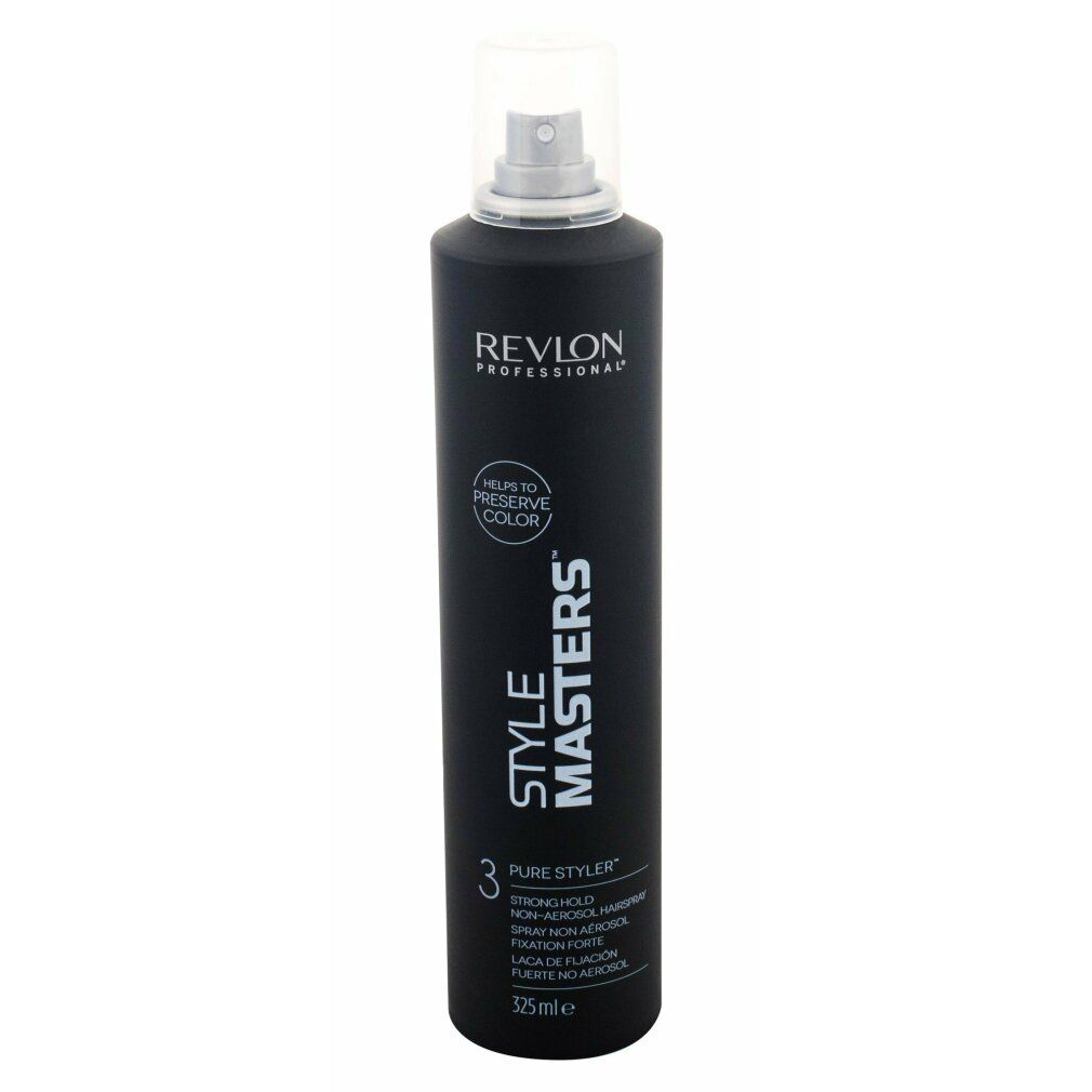 Flacon de laque noir avec vaporisateur blanc. Inscriptions: Revlon Professional, Style Masters, Pure Styler, Strong Hold.
