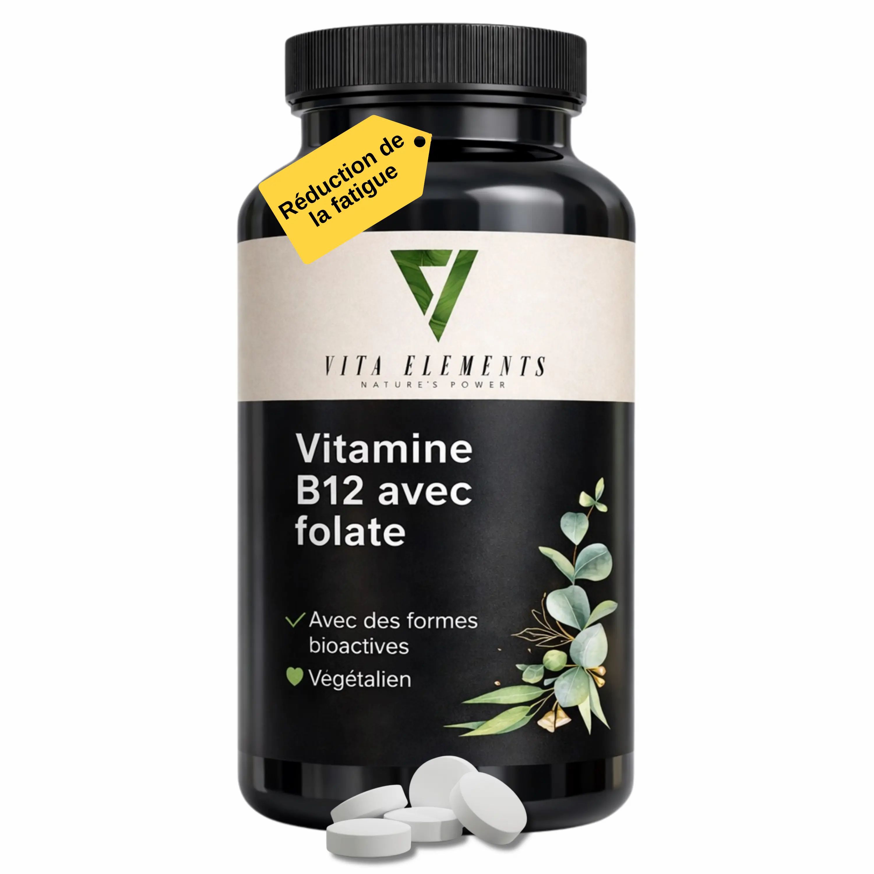 Pot Vita Elements Vitamine B12 avec folate, étiquette jaune : Réduction de la fatigue.