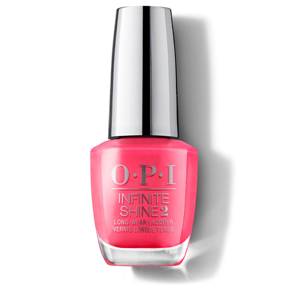 Flacon de vernis à ongles rose. Bouchon argenté. Inscription O.P.I. Infinite Shine 2.