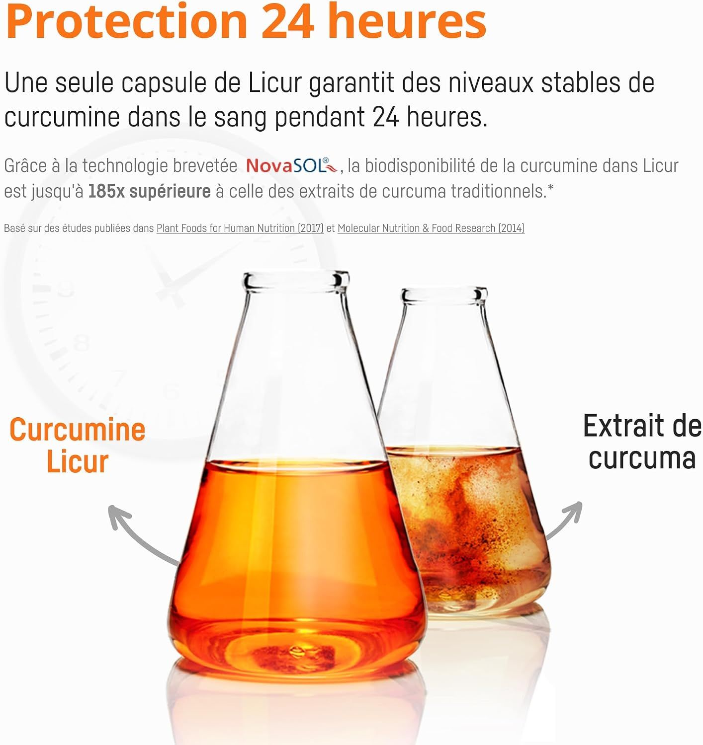 Deux flacons Erlenmeyer contenant un liquide orange et un extrait de curcuma.