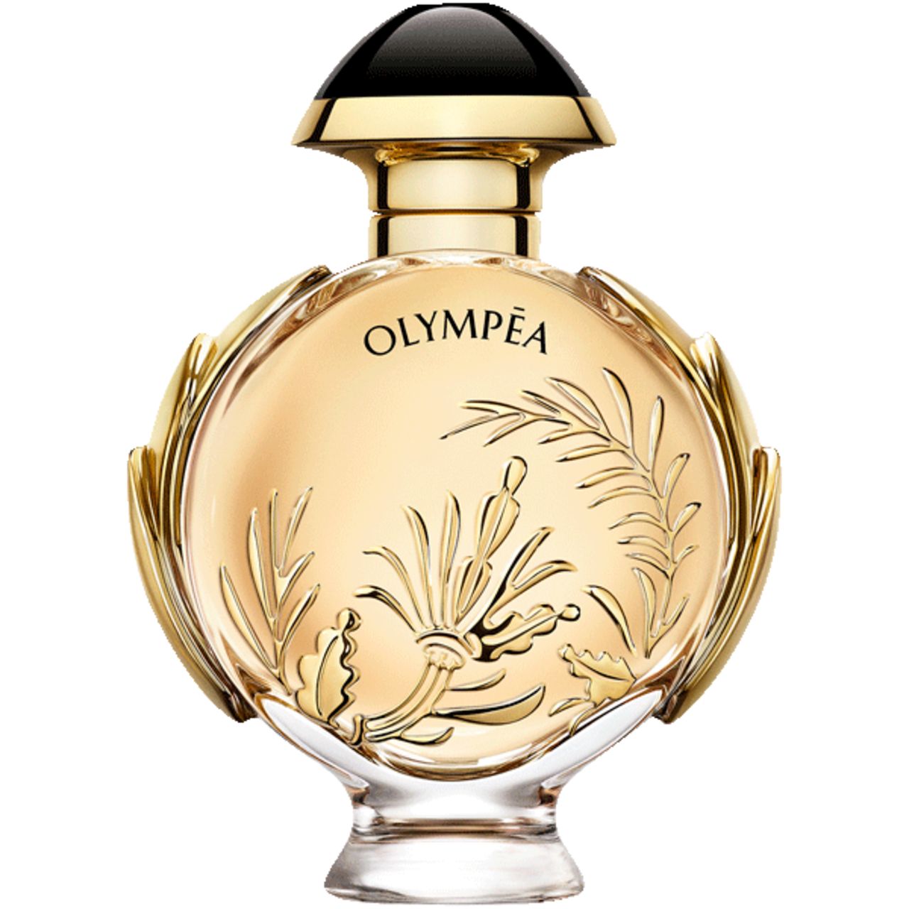 Olympéa Solar E.d.P. Nat. Spray. Ronde gouden fles met zwarte dop en bloemmotief. Transparante glazen voet.