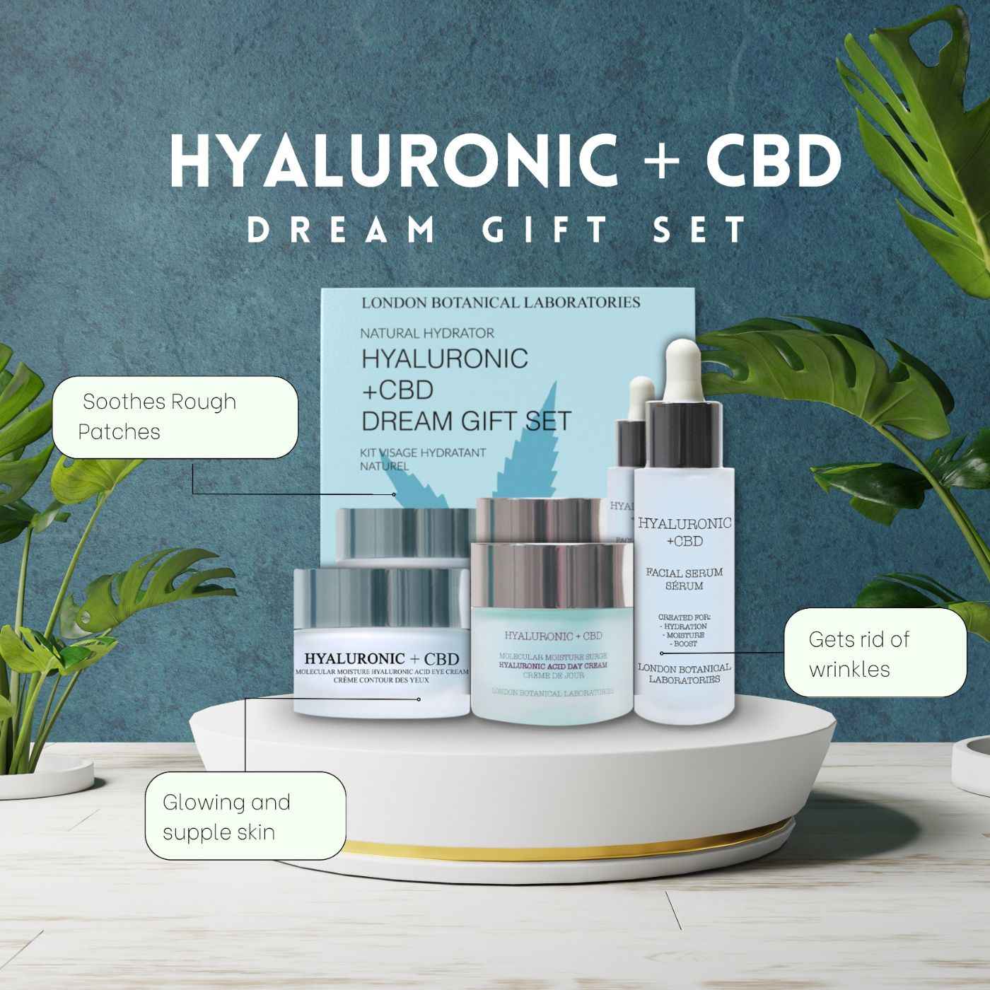 Cadeauset met crème, oogcrème en serum. Opschrift: Hyaluronic + CBD Dream Gift Set. Geplaatst op een voetstuk.