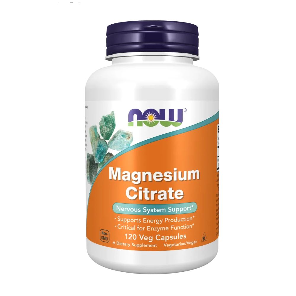 Witte fles met blauwe dop. Opschrift: Magnesium Citrate, 120 Veg Capsules. Merk: NOW.