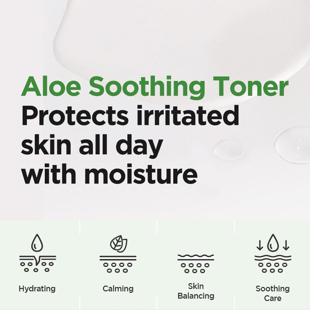 Tekst: Aloe Soothing Toner. Beschermt geïrriteerde huid met vocht. Symbolen: Hydraterend, Kalmerend, Huidbalancerend, Verzorgend.