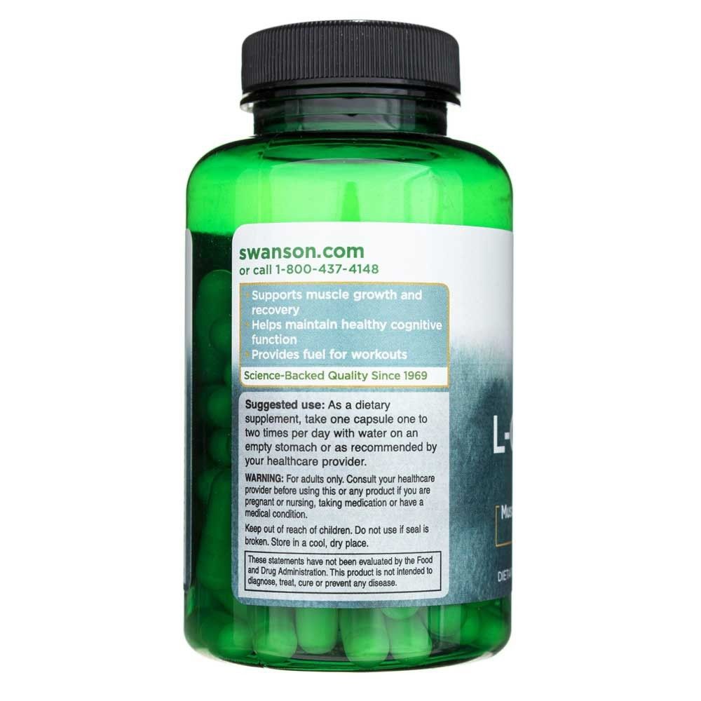 Arrière d'une bouteille verte de L-Glutamine Swanson 500 mg. Affiche des conseils d'utilisation et des promesses de qualité.