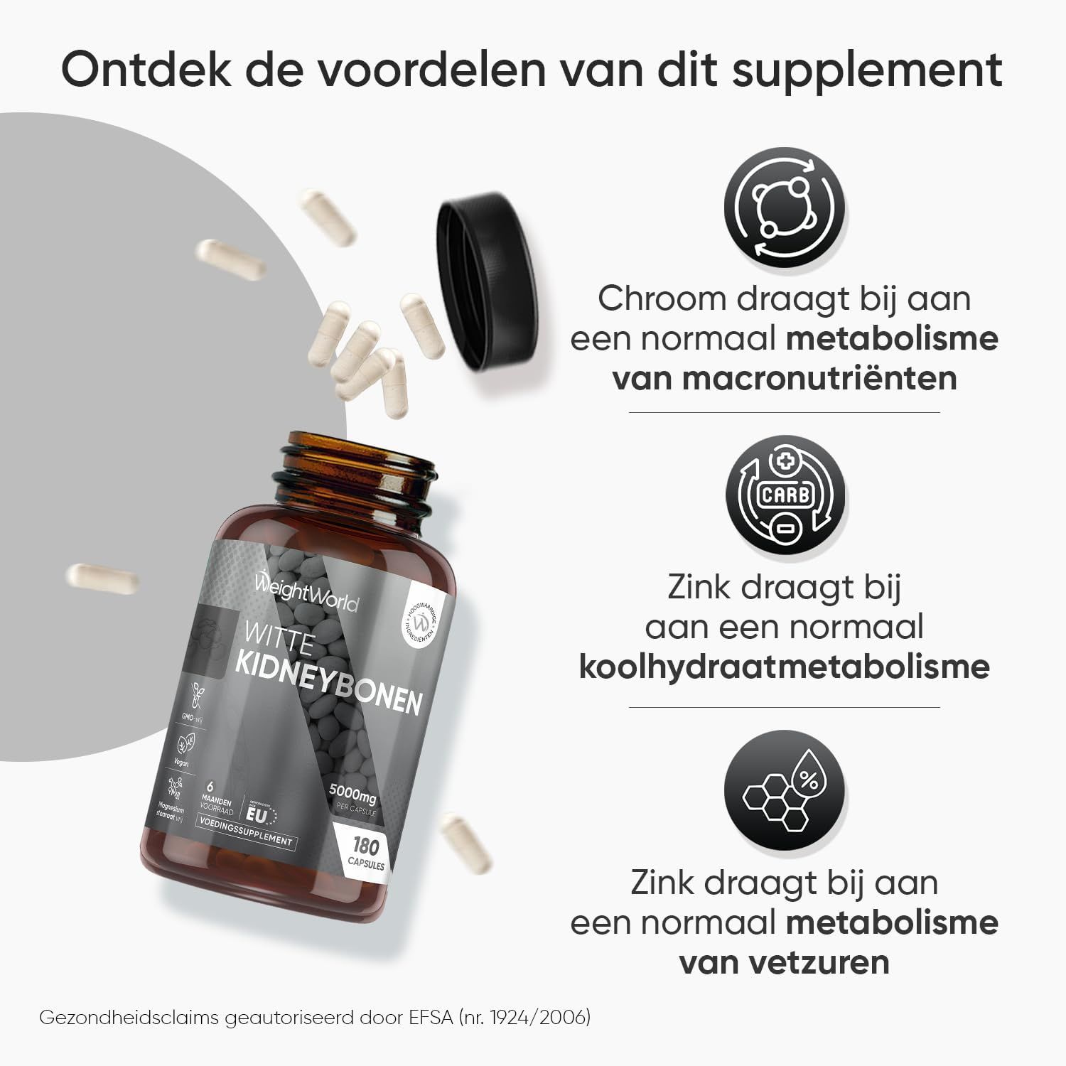 Bruine glazen fles met witte capsules en zwart deksel. Etiket: WeightWorld, Witte Kidneybonen, 5000mg, 180 capsules.