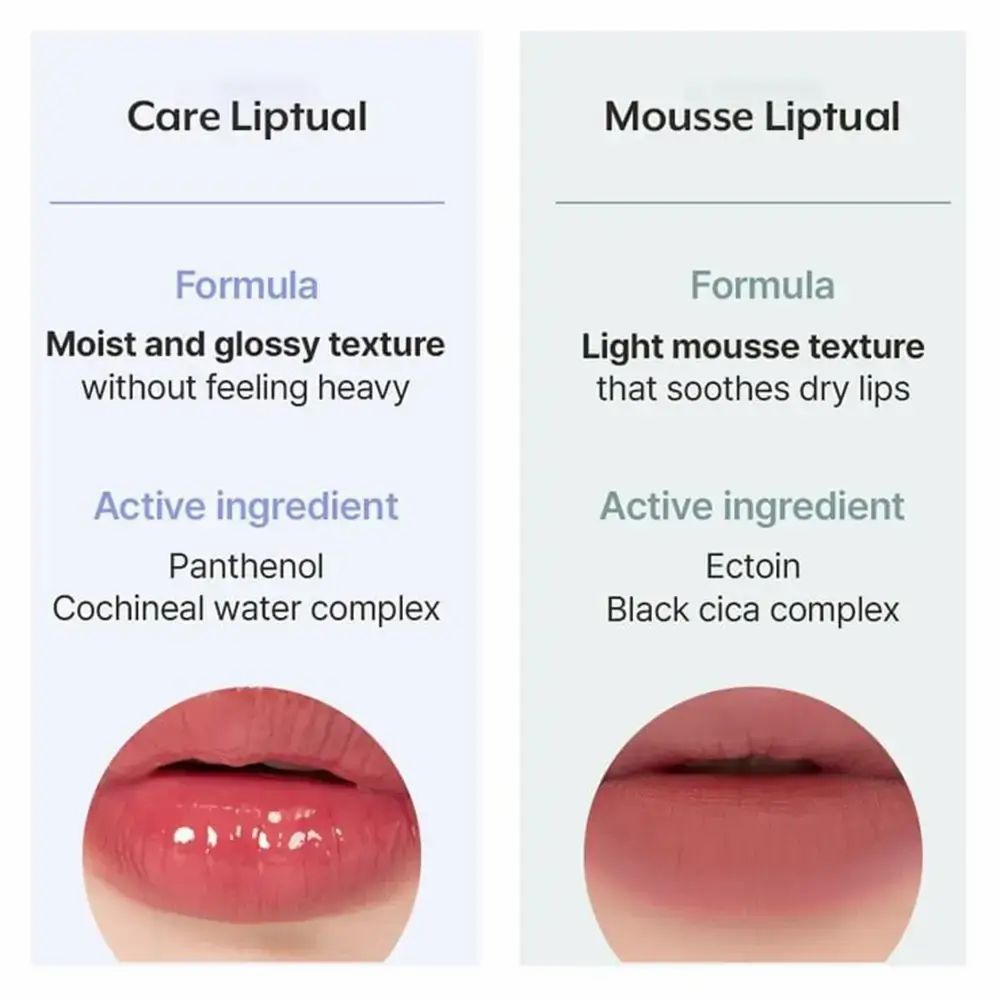 Vergelijking van Care Liptual en Mousse Liptual. Tekst: Formule, ingrediënten, textuur.