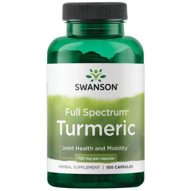 Groene fles met zwarte dop. Opschrift: Swanson, Full Spectrum Kurkuma, 720 mg per capsule, 100 capsules.