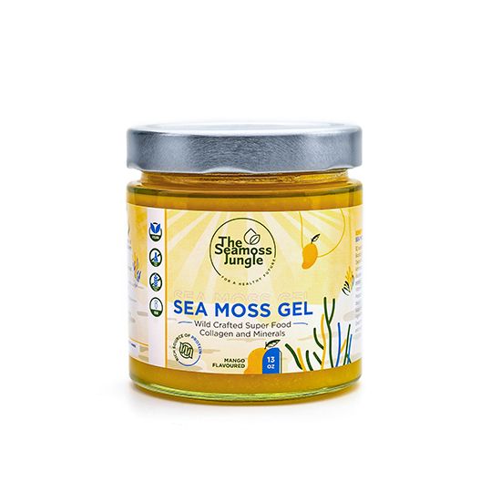 Potje geel gel. Opschrift: Sea Moss Gel, Mango Flavour. Logo: The Seamoss Jungle. Tekst: Wild Crafted Super Food Collagen and Minerals.