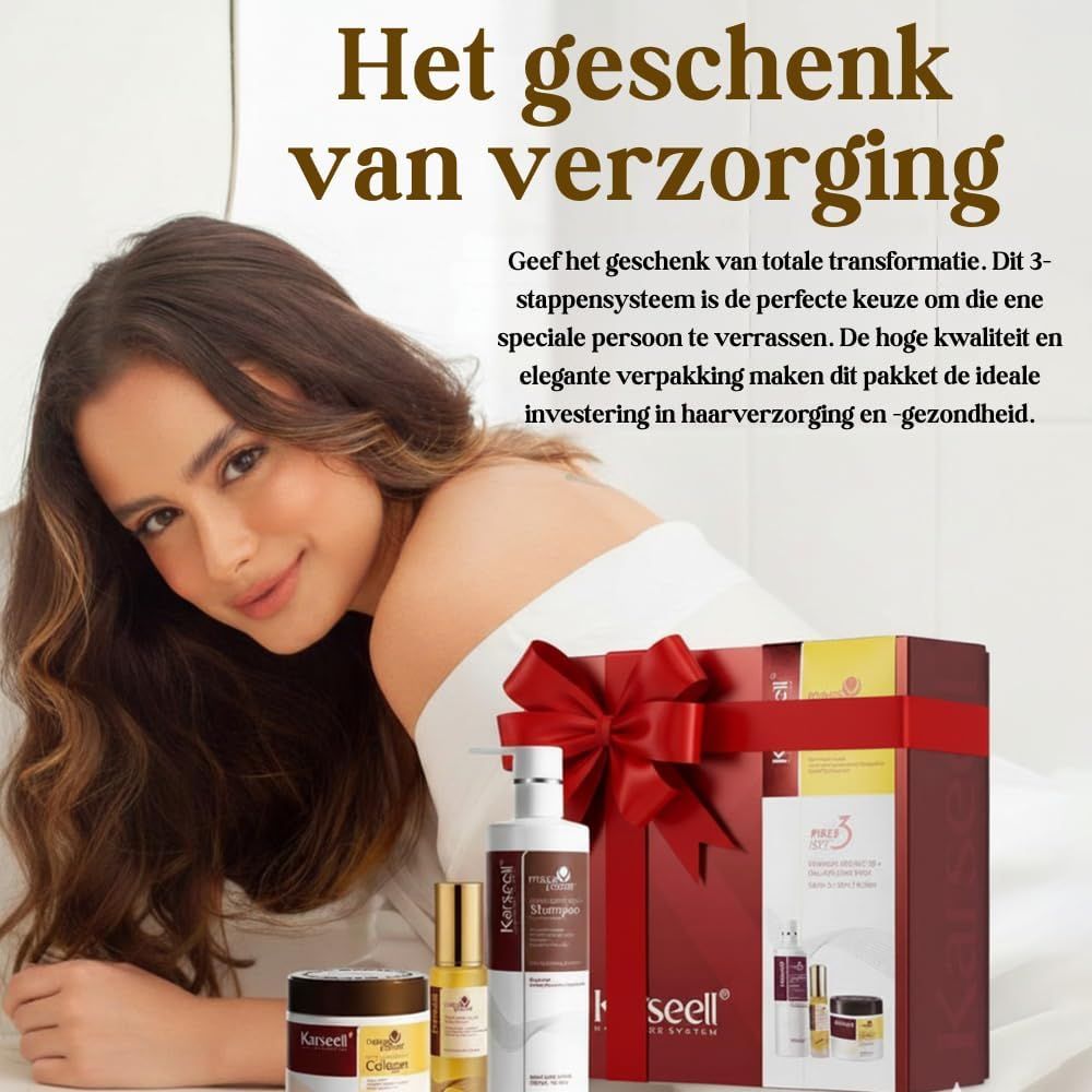Haarverzorgingsgeschenkset met fles, pot en serum in geschenkverpakking.