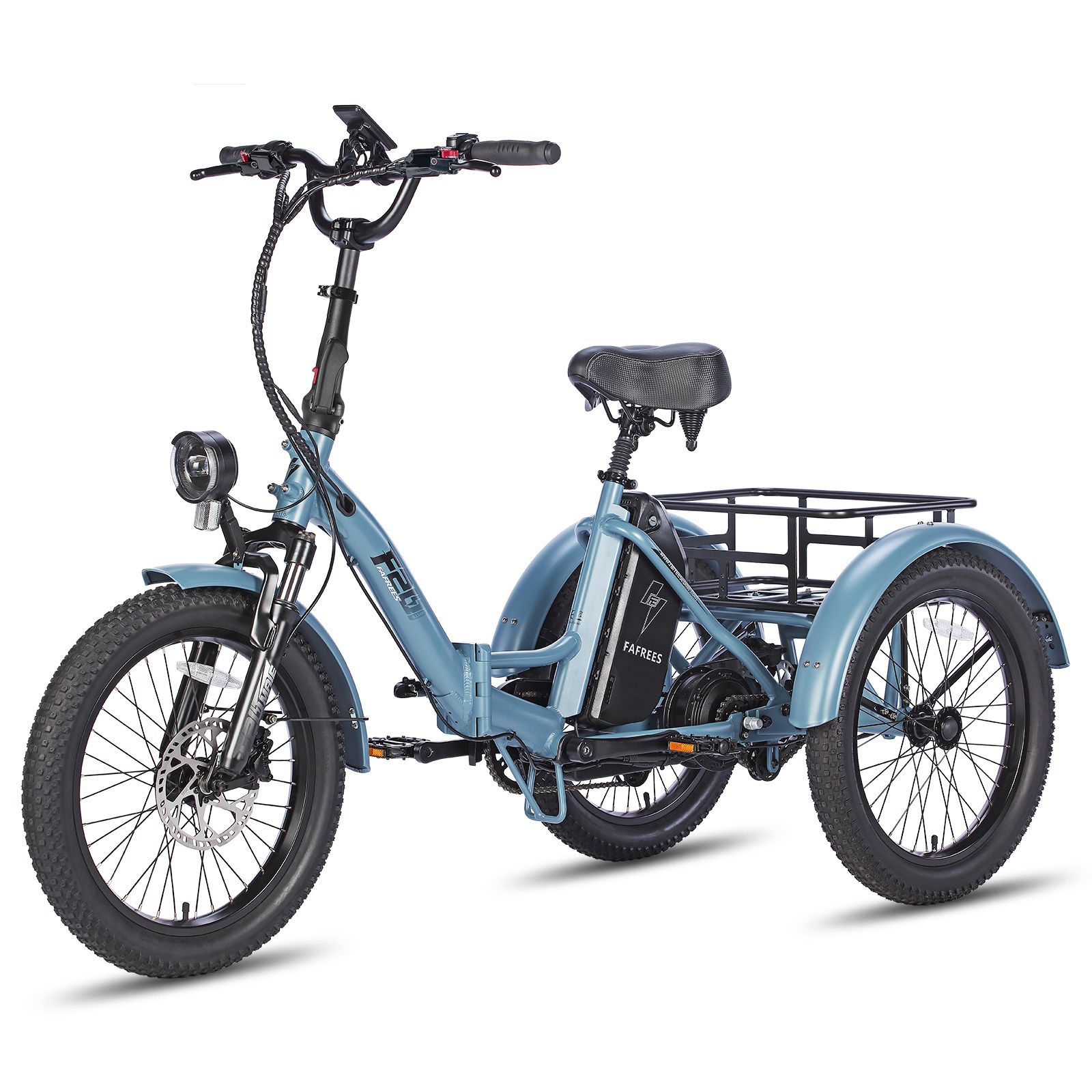 Tricycle électrique pliable Fafrees F20 Mate bleu. Pneus noirs, porte-bagages, phare. Boîtier batterie avec logo.