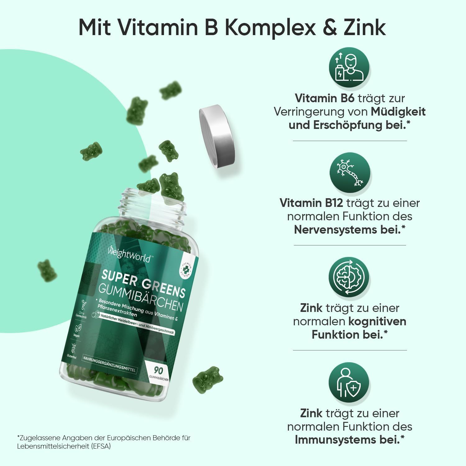 Flacon de WeightWorld Super Greens Gummibärchen avec des oursons verts qui tombent. Avec complexe de vitamine B et zinc.