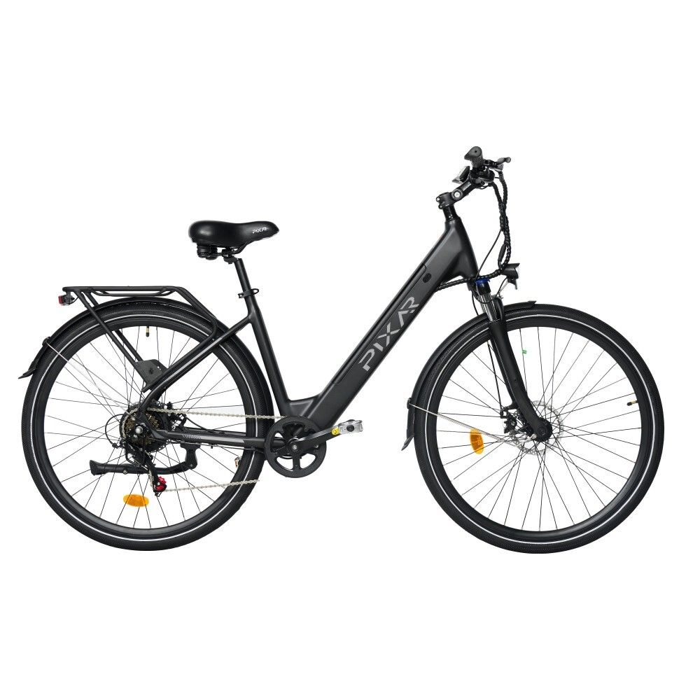 Vélo électrique noir avec porte-bagages, garde-boue et inscription "PIXAR" sur le cadre.