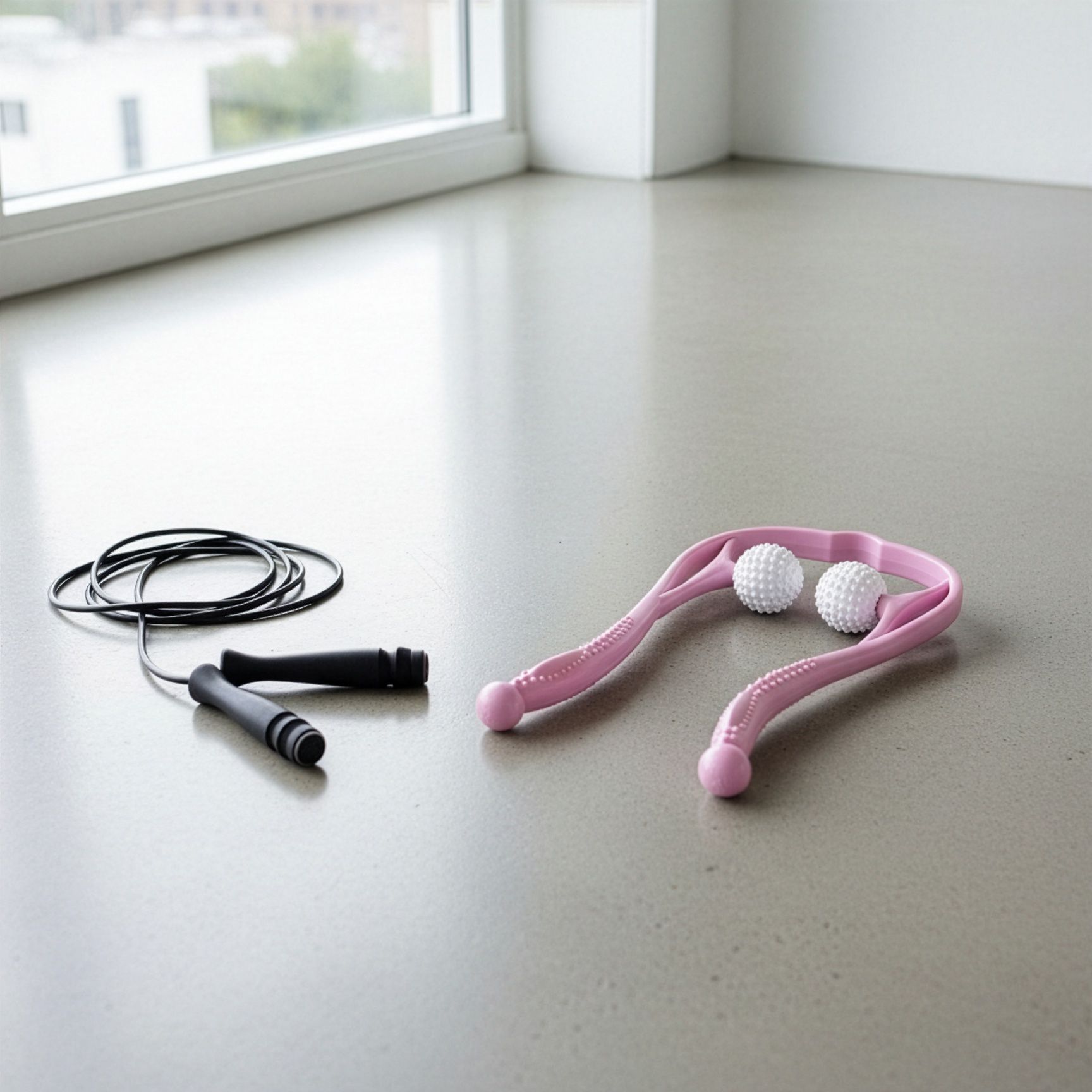 Roze nek- en schoudermassager en zwart springtouw op grijze vloer. Twee witte ballen op de massager.