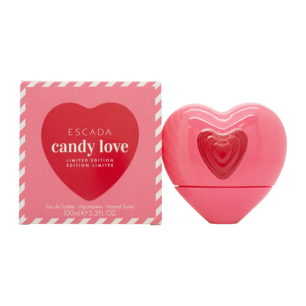 Roze flacon en doos met logo "Escada Candy Love". Flacon en doos naast elkaar.