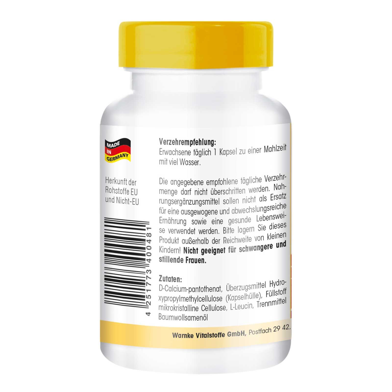 Achterkant van de witte fles met gele dop. Tekst: Aanbevolen gebruik, ingrediënten, Warnke Vitalstoffe GmbH, Made in Germany.