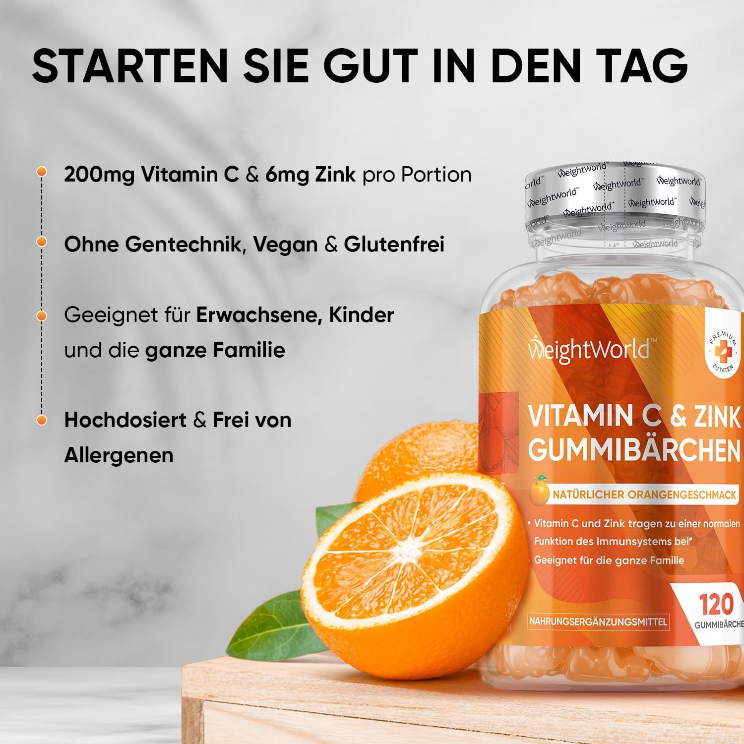 WeightWorld Vitamine C & Zink Gummibärchen fles met sinaasappels. Tekst: Begin de dag goed. 120 gummies.