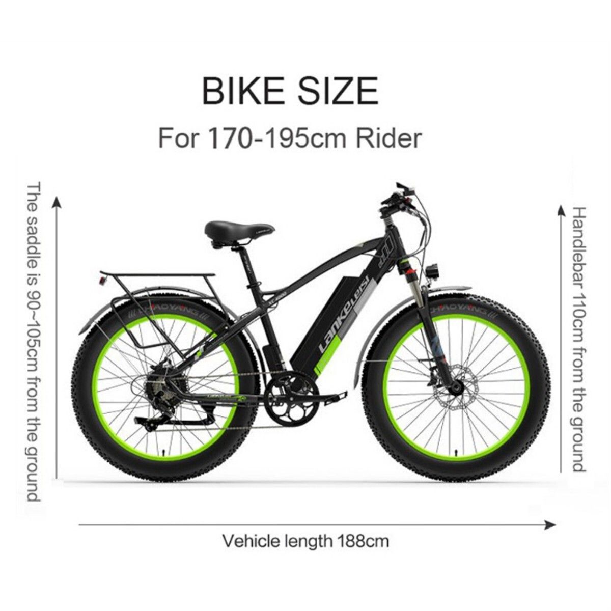 Zwarte elektrische mountainbike met groene accenten. Afmetingen: 188 cm lang, stuur 110 cm hoog, zadel 90-105 cm hoog. Voor rijders 170-195 cm.