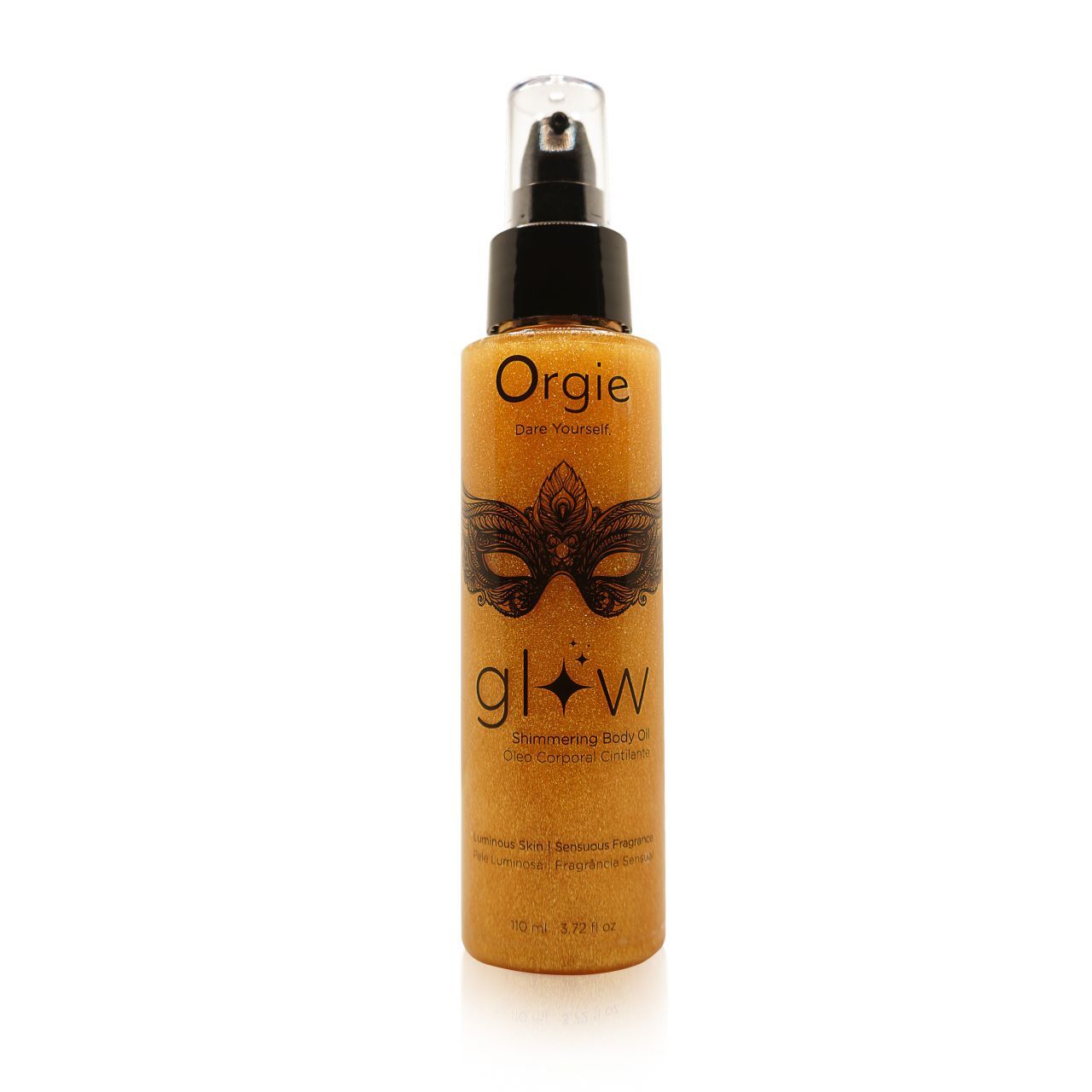 Body olie fles met pomp. Oranje olie met glitter. Zwart masker en 'Glow' tekst.