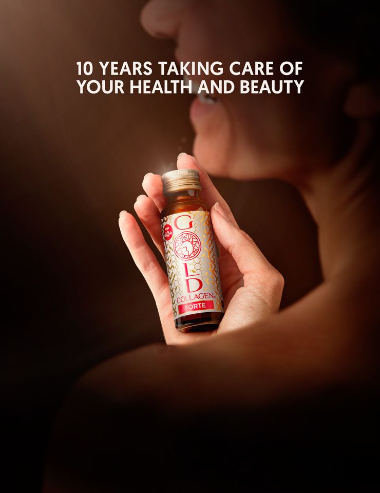 Gold Collagen Forte flesje in hand.