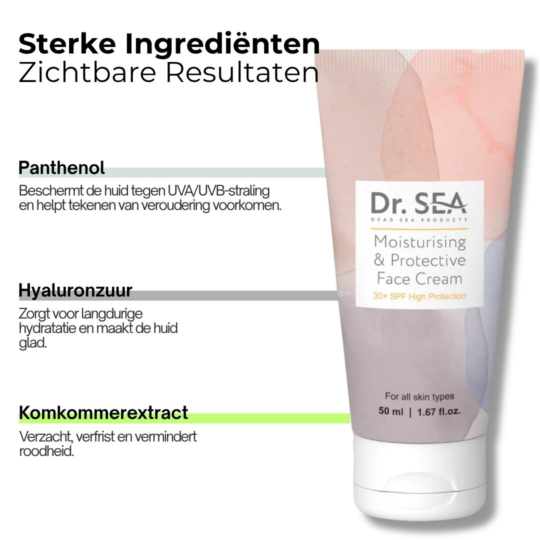 Vrouw houdt crèmetube vast. Opschrift: Dr. SEA, Moisturising & Protective Face Cream SPF30+. Tekst: Aanbevolen voor...