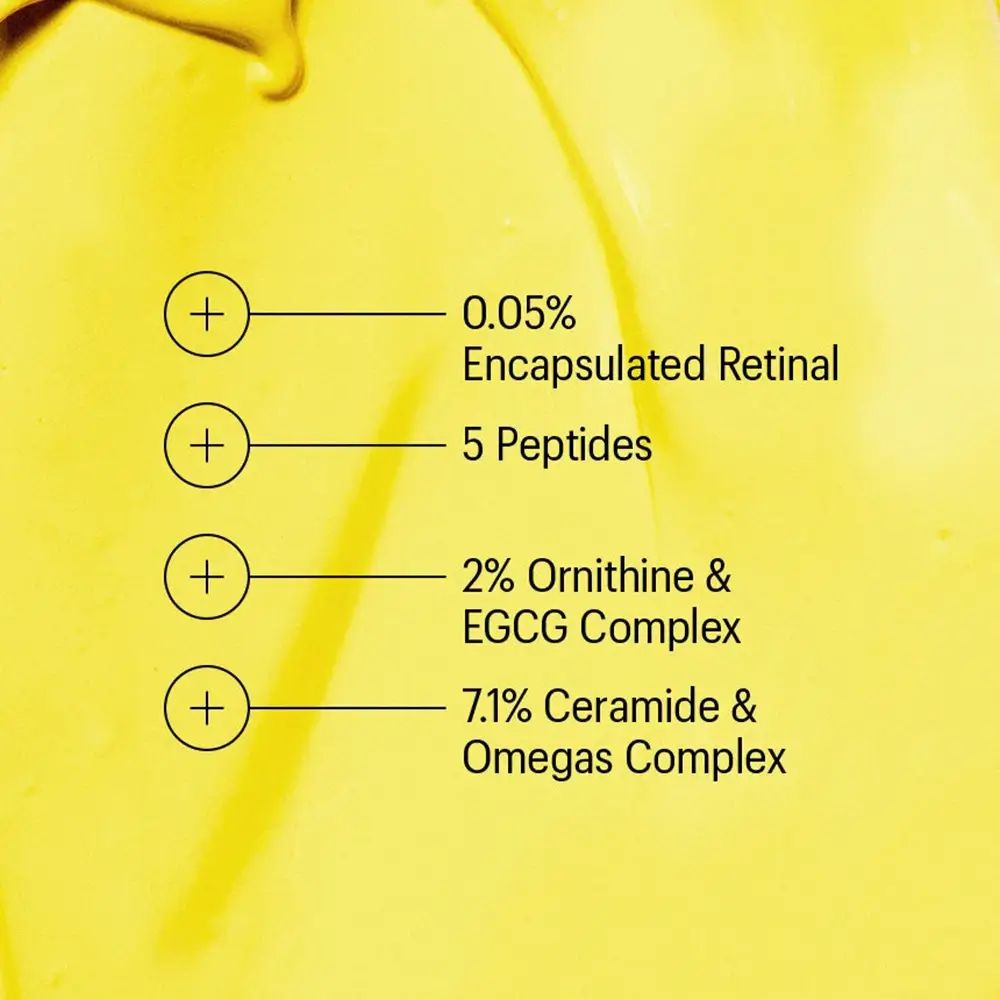 Contient 0,05% de rétinal encapsulé, 5 peptides, 2% de complexe ornithine & EGCG, 7,1% de complexe céramide & oméga.