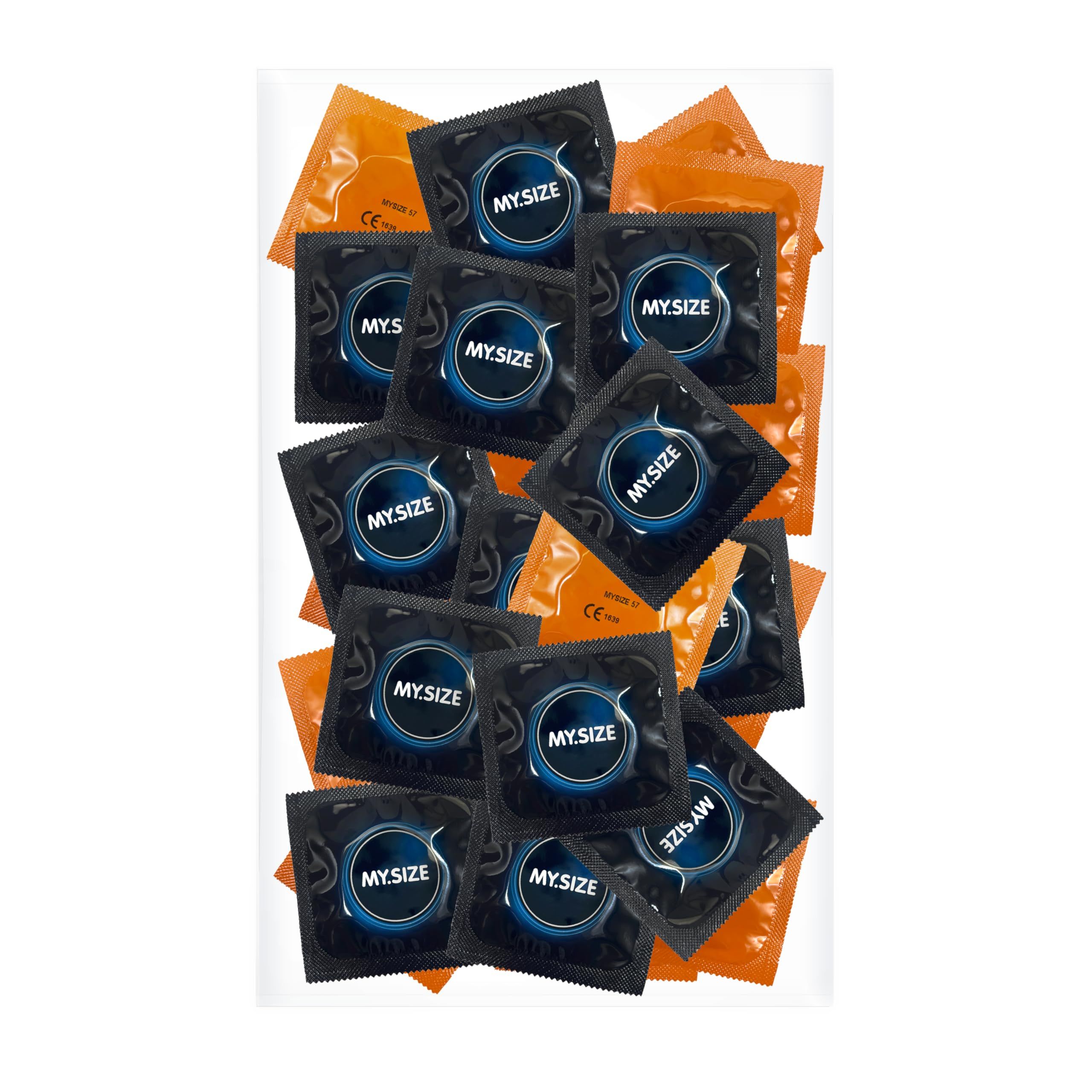 Plusieurs préservatifs MYSIZE emballés individuellement, en noir et orange.