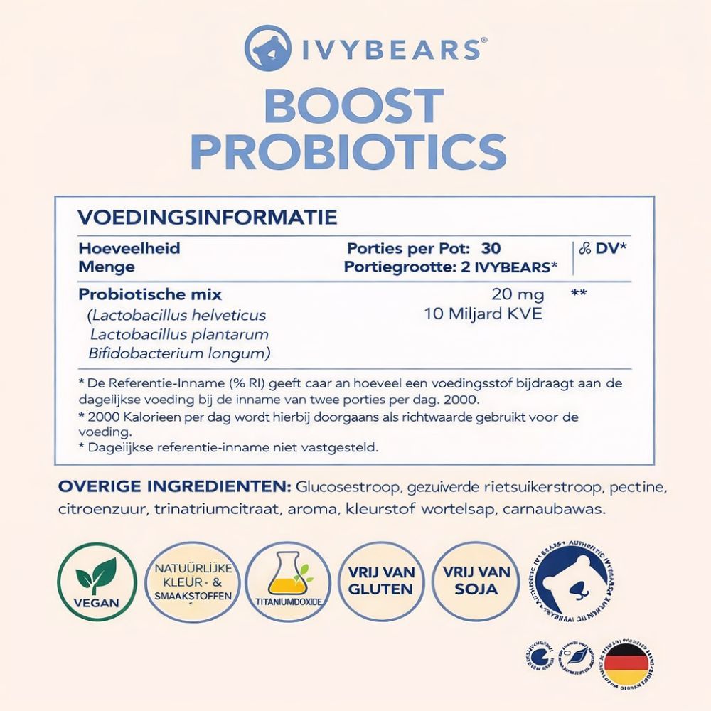 Voedingswaarde-informatie voor IvyBears Boost Probiotics. Tekst: Probiotische mix, 20 mg, 10 miljard KVE. Veganistisch logo.