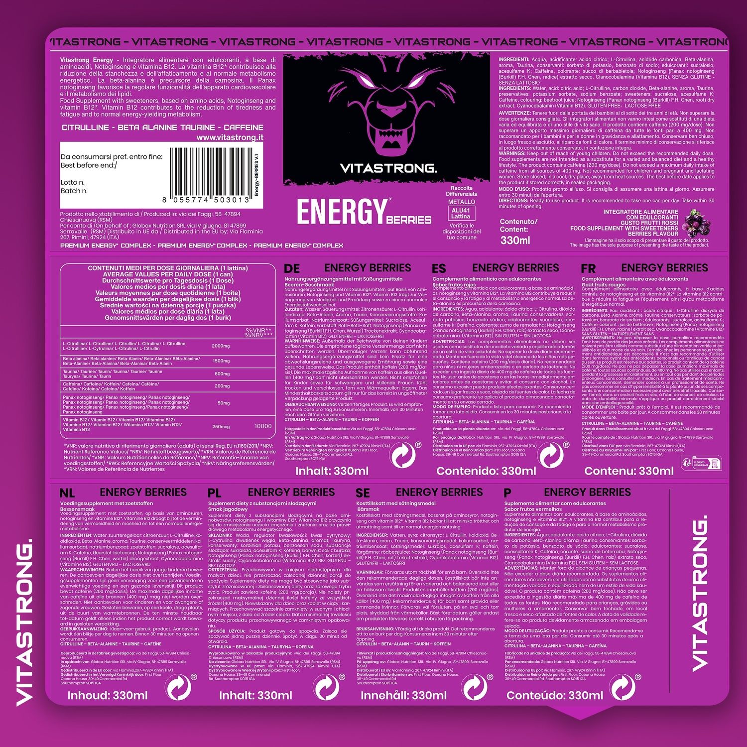 Dos de l'emballage Vitastrong Energy Berries. Ingrédients, informations nutritionnelles, texte multilingue.