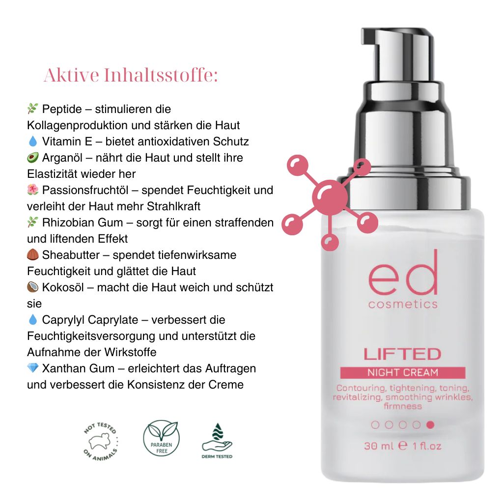 Flacon de crème avec pompe argentée. Texte : ed cosmetics, LIFTED NIGHT CREAM. Ingrédients listés. Logos : vegan, sans cruauté, testé dermatologiquement.