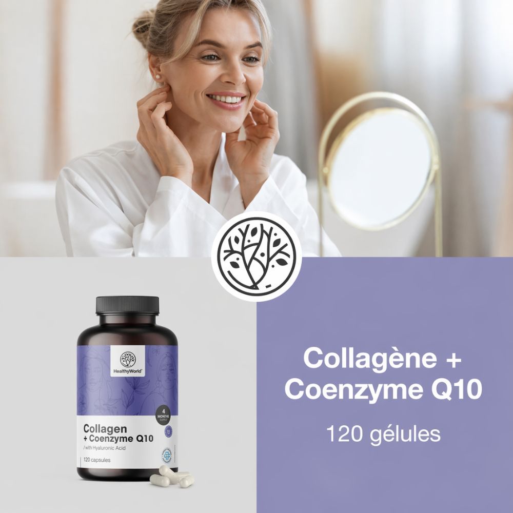 Femme avec flacon et gélules. Texte: Collagène + Coenzyme Q10. 120 gélules. Marque: HealthyWorld.