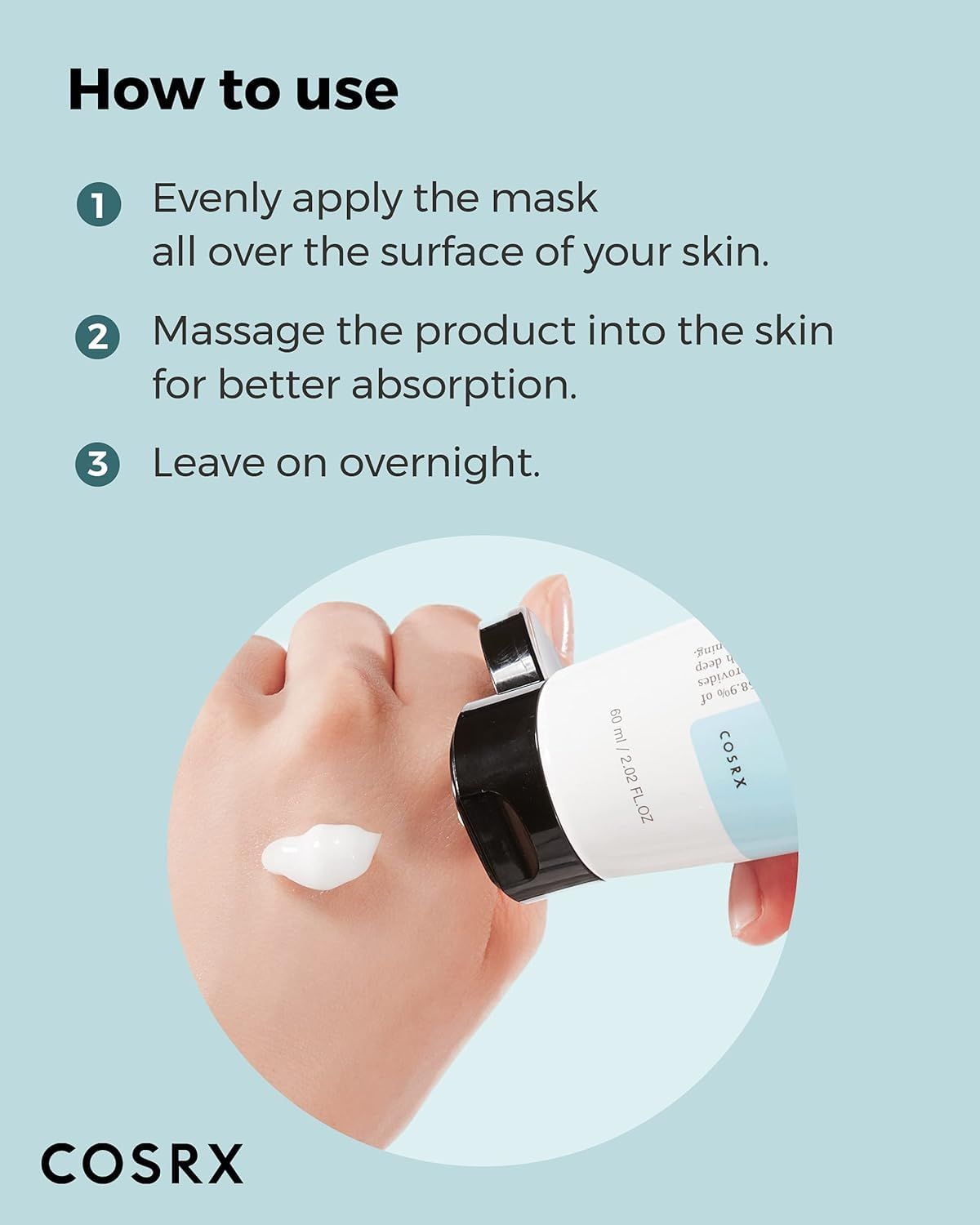 Utilisation: Appliquer uniformément le masque de nuit COSRX au riz, masser, laisser poser.