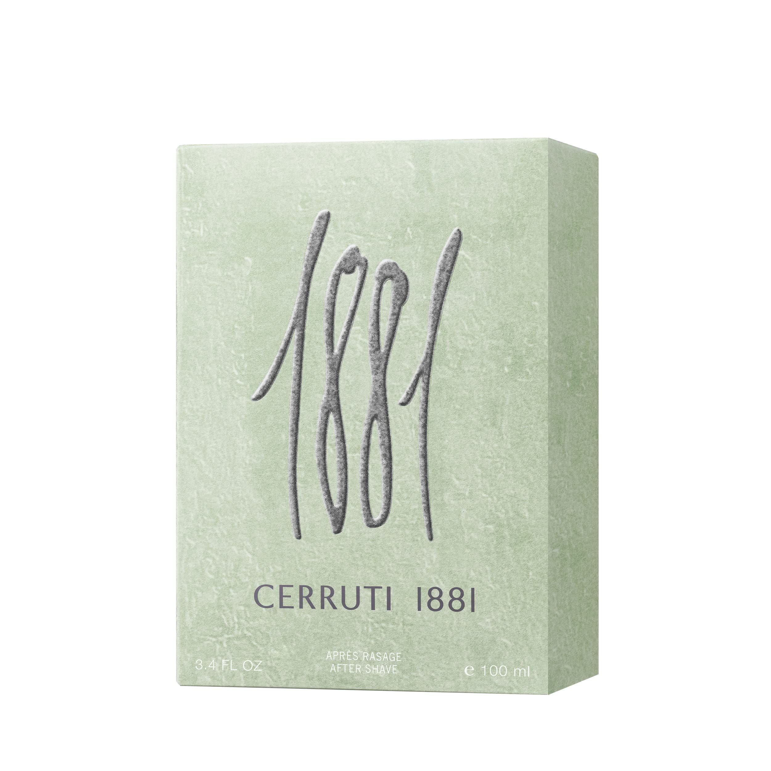 Emballage vert Cerruti 1881 Pour Homme. Logo et texte argentés. Forme rectangulaire.